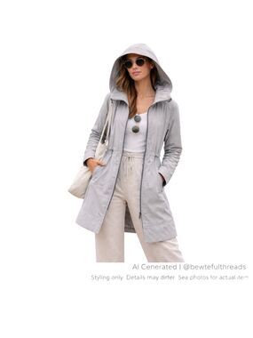 Coastal Minimalist Longline Hooded Jacket Sz 6 Light Gray Cinch Waist